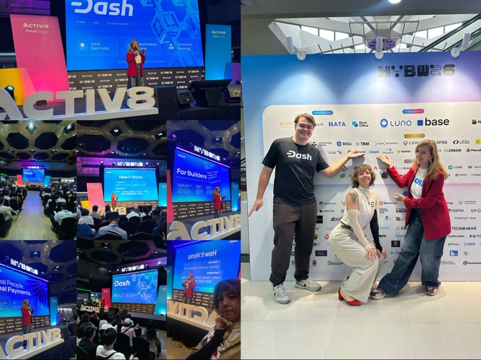 A collage shows multiple shots of a woman in a red blazer presenting "Dash" at the ACTIV8 and MYBW6 conferences, alongside a photo of her with two co-presenters.