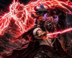 A futuristic warrior wreathed in crackling red energy stands ready for battle, evoking the bold, action-packed vibe of PatriotsSolana's MMORPG vision. The fiery, sci-fi aesthetic mirrors the post's hype around staking NFTs and unlocking governance rewards in an epic on-chain adventure.