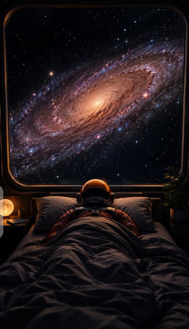 A person in a spacesuit sleeps in a bed while looking out a large window at a glowing spiral galaxy in space.