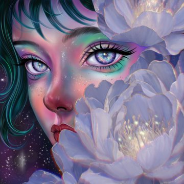 A vibrant digital artwork features a close-up of a woman with striking blue eyes, freckled skin, and dark teal hair, partially obscured by ethereal white flowers, with a cosmic nebula visible in the background. The dreamy, celestial aesthetic aligns with the "Nebula Bloom" piece mentioned, while the mystical floral elements reflect the ethereal nature of "She Carries the Dawn," both Tezos NFTs highlighted in the post.
