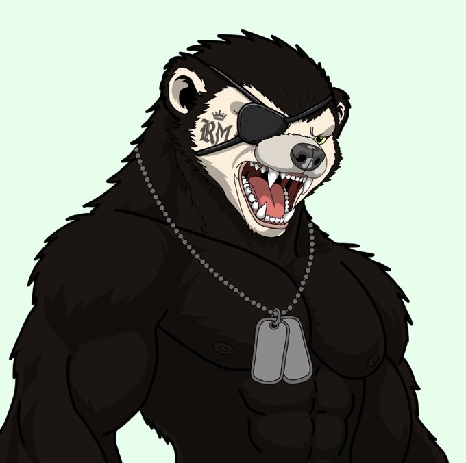 An animated illustration of a fierce black bear character with a 'RMZ' tattoo under an eye patch, wearing military dog tags and baring its teeth against a light green background.