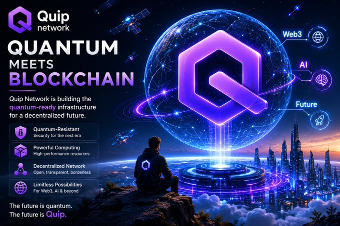 A promotional graphic for 'Quip network' with the headline 'QUANTUM MEETS BLOCKCHAIN', featuring a futuristic scene with a large glowing purple 'Q' logo, satellites, and a cityscape, alongside feature points like 'Quantum-Resistant' and 'Powerful Computing'.