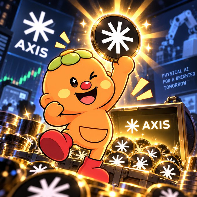 A vibrant cartoon-style illustration of an orange mascot character holding up an 'AXIS' token, surrounded by piles of gold coins and a treasure chest also bearing the AXIS logo.