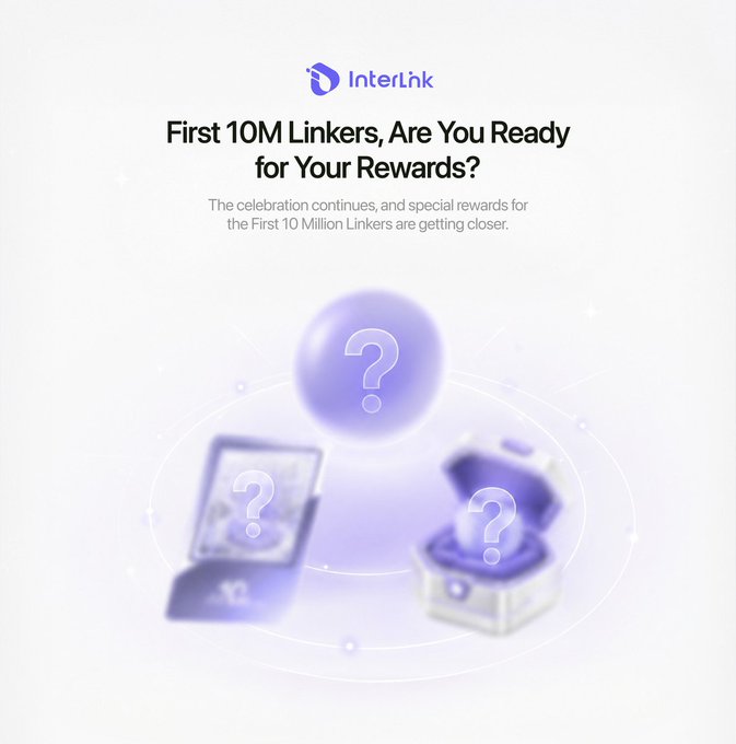 InterLink announces an upcoming rewards event for the first 10 million Linkers, featuring mystery prizes hidden behind question-mark orbs. The promotional image ties into a user checklist for qualifying, which includes completing KYC, registering before August 1, 2026, holding 10,000+ ITLG tokens, and meeting OKX requirements for the InterLink × OKX NFT.