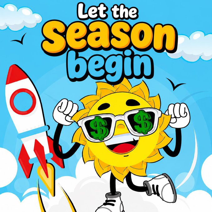 The image features a cartoon sun character wearing sunglasses with money symbols, symbolizing the theme of "Let The Season Begin" as well as the concept of investing in cryptocurrency. The sun character appears to be jumping into the air, suggesting an exciting new beginning or opportunity for financial growth.