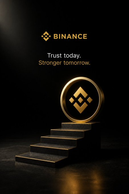 The image features the Binance logo and brand name in gold against a dark background, accompanied by the tagline "Trust today. Stronger tomorrow." A golden Binance coin rests on a set of illuminated stone stairs, symbolizing progress and ascent. This visual reinforces the message of building trust through consistent, responsible action in the crypto space.