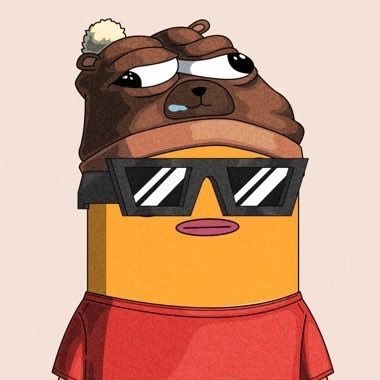 Illustration of a yellow cartoon character wearing large black sunglasses and a red shirt, with a grumpy brown bear hat perched on its head.