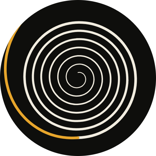 A black circular logo featuring a white spiral pattern with a yellow/orange accent line on the left side.