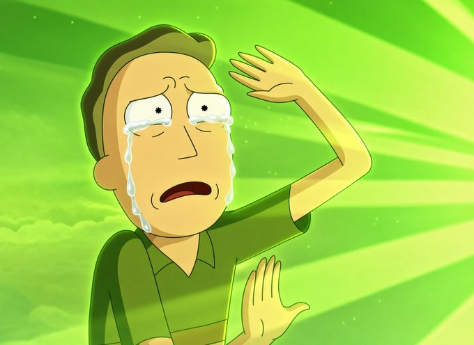 Cartoon illustration of a man in a green shirt crying with tears streaming down his face and his hand raised against a bright green background with light rays.