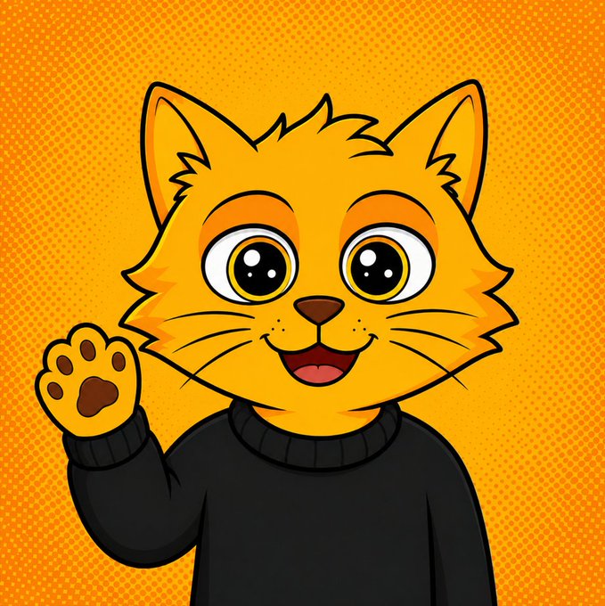 The image features a cartoon cat wearing a black sweater, standing against an orange background that has a pattern of small circles. The cat appears to be waving with its paw raised, giving off a friendly vibe. The caption below the image reads "WARNING: This cat is extremely sour SOURCAT is preparing to take over the market with maximum meme energy and zero emotional support".