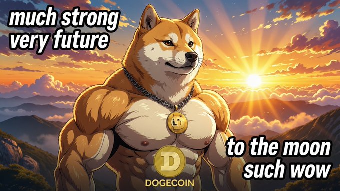 A muscular buff Shiba Inu Doge wearing a Dogecoin pendant and a 'D' medallion, set against a dramatic sunset sky, with text 'much strong very future' and 'to the moon such wow' with the DOGECOIN logo.
