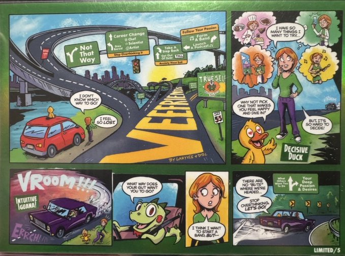 A comic book-style illustration titled "VRoom!!!" by Garyvee with the subtitle "INTUITIVE IGNORANCE," featuring the "Decisive Duck" character guiding a young woman through life decisions along a winding highway, labeled "LIMITED/5."