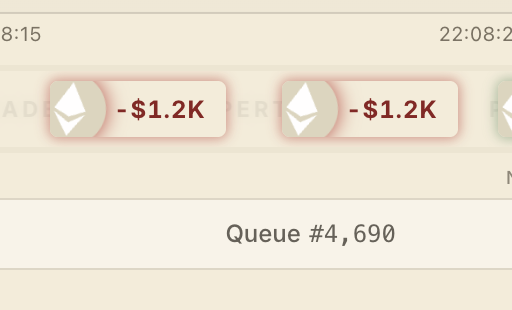 A screenshot showing Ethereum transactions of '-$1.2K' with 'Queue #4,690' displayed below.