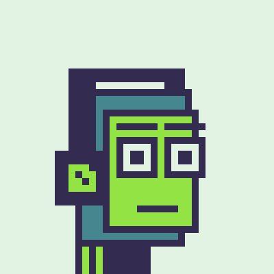 A pixel art illustration depicts a green character with glasses and a smiling face against a light green background.