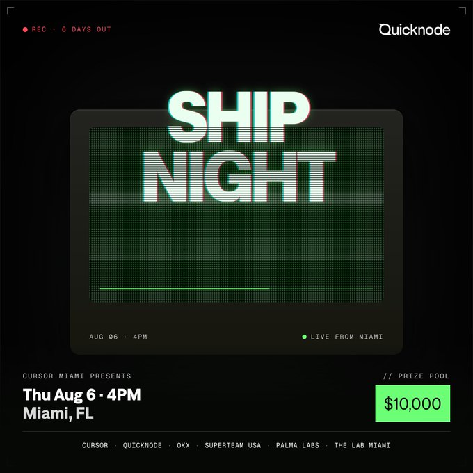 A promotional graphic for 'SHIP NIGHT' presented by Cursor Miami, hosted by Quicknode, scheduled for Thu Aug 6 at 4PM in Miami, FL, featuring a $10,000 prize pool.
