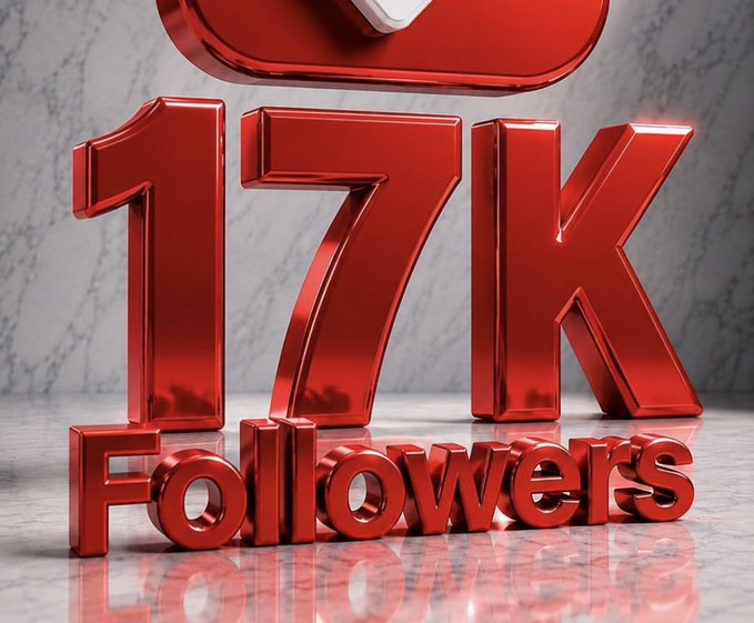 A 3D render of shiny red text reading '17K Followers' (with a partial YouTube play button logo visible) on a marble surface.