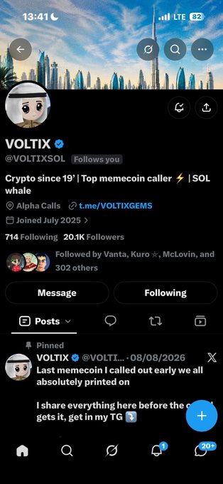 A Twitter profile page for 'VOLTIX' (@VOLTIXSOL), a crypto account with 20.1K followers, describing itself as 'Crypto since 19' and a 'Top memecoin caller' for SOL whales.