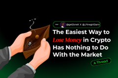 The image is a promotional graphic showing hands holding a wallet, with text reading "DeGods & Frog Nation," "The Easiest Way to Lose Money in Crypto Has Nothing to Do With the Market," and a "Thread" button. It appears to be a thread starter about crypto losses, though it doesn't directly relate to the accompanying post about using ZoneX to convert USDT to naira.