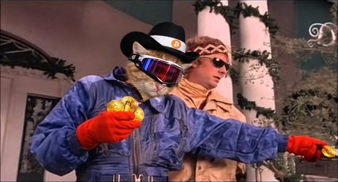 A person dressed in a blue jacket and red gloves wearing a cat mask with ski goggles and a black hat with a Bitcoin logo, holding gold Bitcoin coins, while another person in a tan outfit stands behind them.