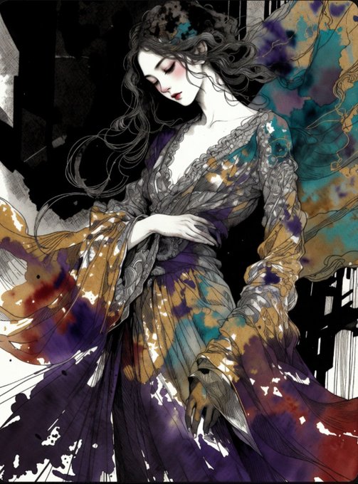 The image features a woman with long hair wearing an ornate dress, possibly of medieval or fantasy style. The background includes a black and white color scheme that contrasts with the colorful elements of the woman's dress. The image also contains text that reads "GM The Last Dreamweaver 1/1 Edition 2.5 xrp xrp.cafe/nft/00081B5843 #xrpl". This suggests that the artist may have created this piece as a part of an art project or series, possibly exploring themes related to fantasy, mythology, or historical fashion.