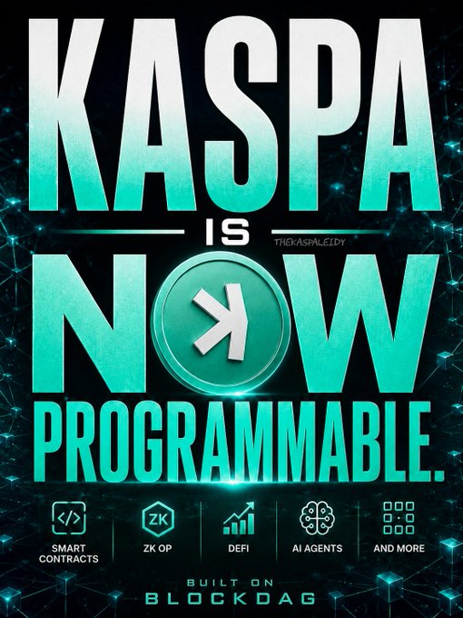 A promotional graphic for the Kaspa cryptocurrency announcing 'KASPA IS NOW PROGRAMMABLE' with features including Smart Contracts, ZK OP, DeFi, AI Agents, and more, built on BlockDAG.