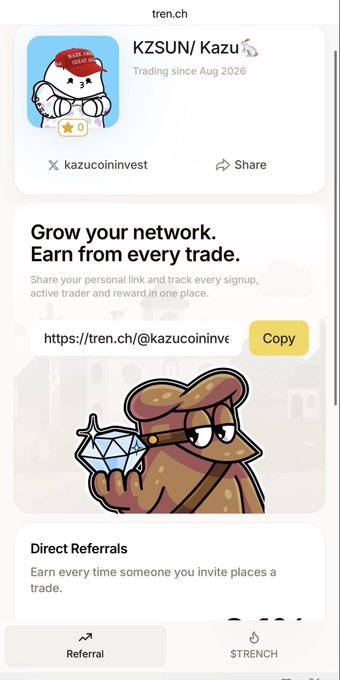 A screenshot of a mobile app referral page for 'KZSU/ Kazu' on tren.ch, featuring a cartoon cat mascot and a shareable link 'https://tren.ch/@kazucoininvest'.