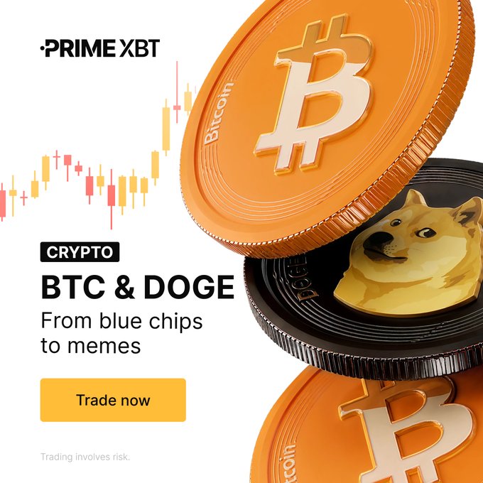 A PrimeXBT promotional advertisement for crypto trading featuring Bitcoin and Dogecoin coins alongside the text "CRYPTO BTC & DOGE - From blue chips to memes" and a "Trade now" button.