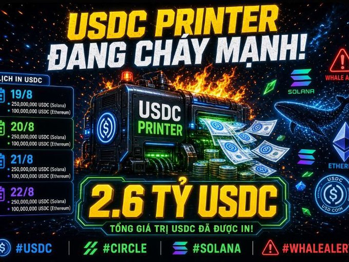 A Vietnamese promotional graphic titled 'USDC PRINTER ĐANG CHẠY MẠNH!' showing 2.6 billion USDC minted across Solana and Ethereum, featuring Circle, Solana, and WhaleAler tags.