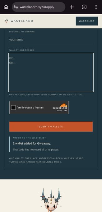 A screenshot of the Wasteland.xyz apply page showing a Discord username field, wallet address input boxes, and a "Submit Wallets" button, with a confirmation message stating "1 wallet added for Giveaway" — directly addressing the user's concern by confirming their wallet was successfully submitted to the wastelist.
