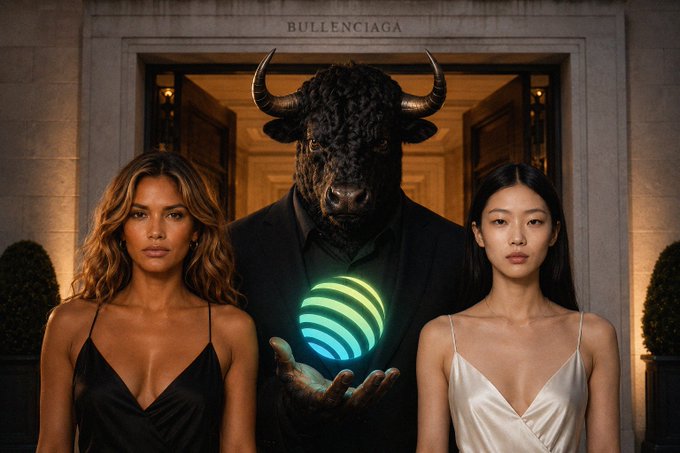 Two women in dresses stand beside a humanoid bull figure holding a glowing green sphere, with 'BULLENCIAGA' text visible on the doorway above.