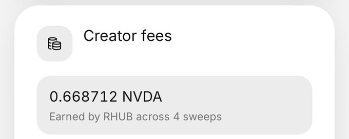 A creator fees widget shows that RHUB earned 0.668712 NVDA across 4 sweeps, illustrating the post's claim that snipe bots generated roughly $150 in NVDA stock within seconds of deploying a new token on a launchpad.
