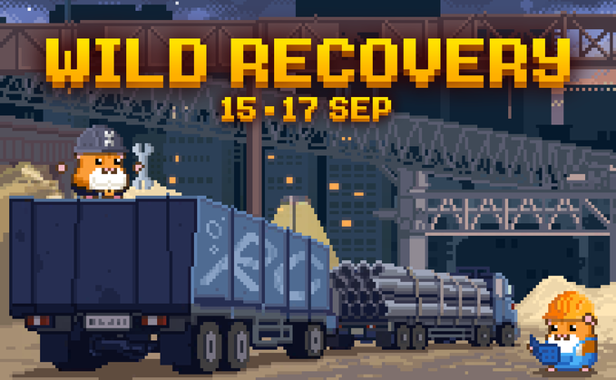 Pixel art promotional banner reading 'WILD RECOVERY 15-17 SEP' featuring cartoon hamster characters, one in a truck loaded with pipes and another holding a blueprint.