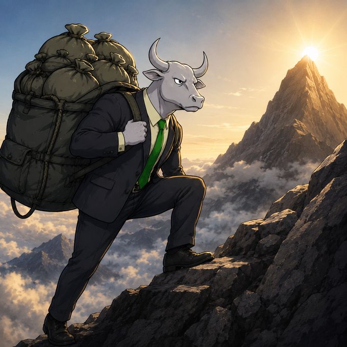 An anime-style illustration of a humanoid bull character wearing a business suit and tie, carrying a massive load of sacks on its back while climbing a steep mountain at sunrise.