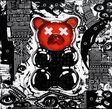 A glossy black gummy bear with a red, X-eyed face sits centered against a chaotic black-and-white background filled with tribal patterns and staring eyes. The piece, titled "DefragmentEYEsed.BEAR 1/1," is an acrylic-on-canvas NFT by the artist EYEs, with a 0.17 ETH reserve price and an option to unlock the physical 50x50 cm artwork for 0.28 ETH via Transient Labs.