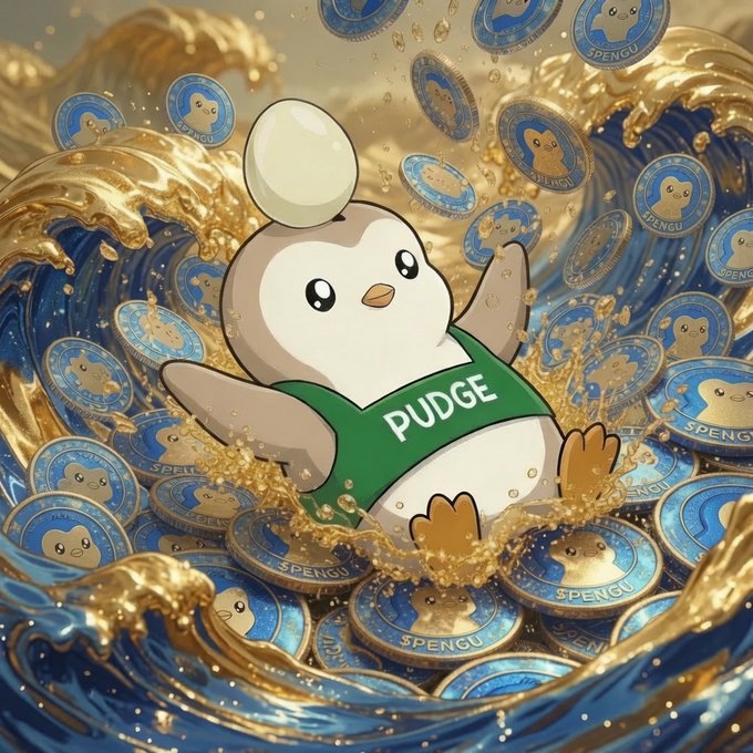 A digital illustration of a chubby white bird character wearing a green vest labeled "PUDGE" floating in waves alongside coins featuring a small yellow bird labeled "SPENGU."