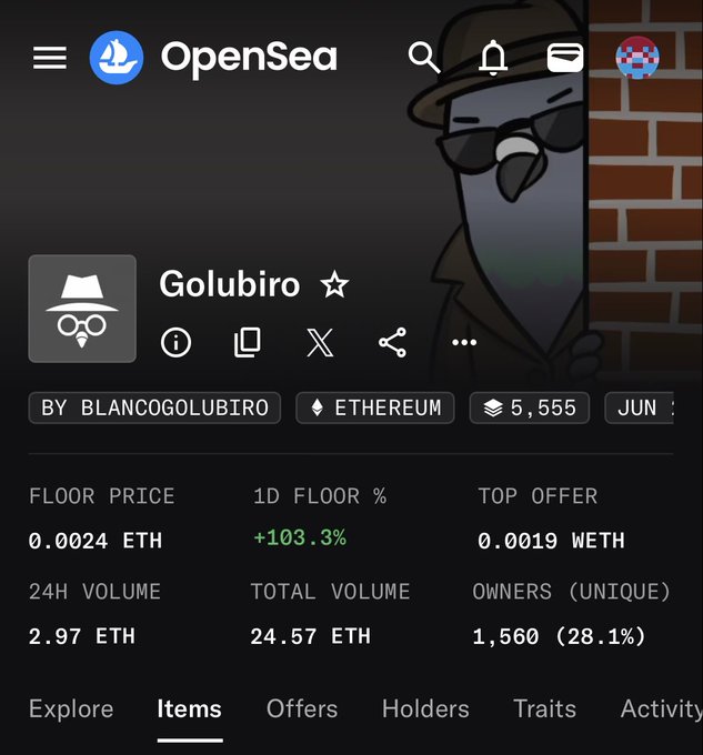 The image shows an OpenSea collection page for "Golubiro" on Ethereum, featuring a cartoon pigeon character in a hat and sunglasses, with a floor price of 0.0024 ETH (up +103.3% in 1D) and 1,560 unique owners. The post about a "blue check imminent" on OpenSea relates to the visible verified star icon next to the Golubiro name, suggesting this collection is on track to receive official verification status on the platform.