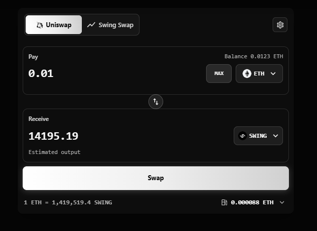 The image shows a cryptocurrency trading interface where 0.01 ETH can be exchanged for 14195.19 SWING, with two options for integration: Uniswap and Swing Swap. This visual directly supports the post's announcement about ongoing development and the temporary limitation of trading to the website before Uniswap integration is complete.