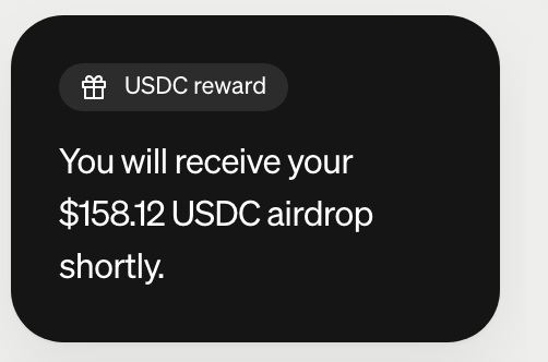 A dark notification card from MoonPay displays a USDC reward badge and the message "You will receive your $158.12 USDC airdrop shortly," confirming the pending airdrop amount the user has been waiting to receive after three hours.