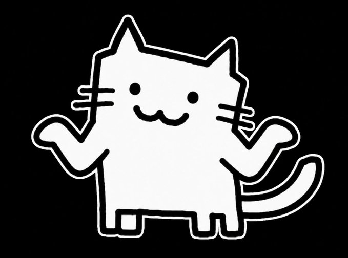 A simple black and white cartoon illustration of a smiling cat-like character with pointed ears, whiskers, four legs, and a curved tail against a black background.