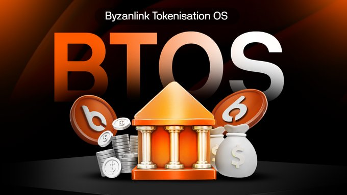 The image depicts "Byzanlink Tokenisation OS" or BTOS, with a bank-like building center, surrounded by coins and money bags, illustrating the ecosystem needed for tokenized assets.