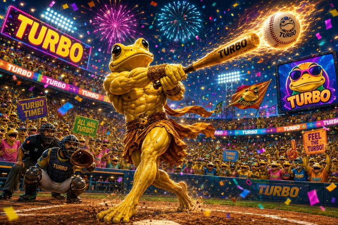 A vibrant, AI-generated image of a muscular anthropomorphic frog in a gladiator-style outfit swinging a flaming baseball bat in a stadium filled with cheering crowds, fireworks, and 'TURBO' signage.