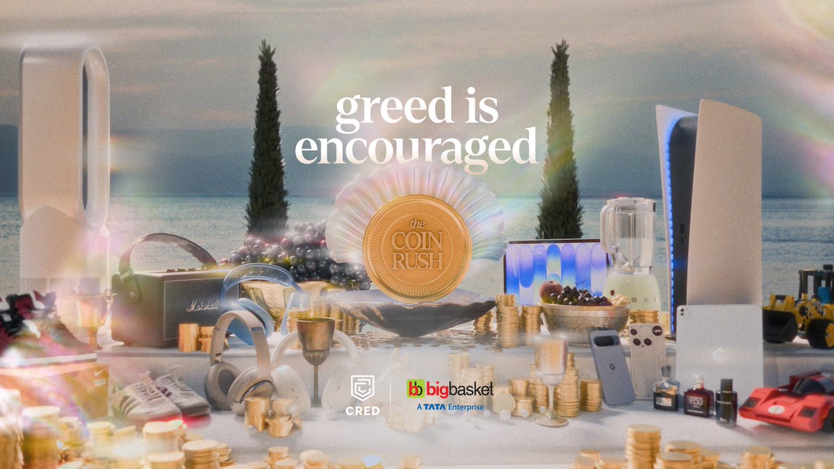 A promotional graphic for 'The Coin Rush' displaying 'greed is encouraged' alongside a gold coin and various luxury items, with logos for CRED and bigbasket (TATA Enterprise).