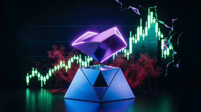 A 3D illustration shows a glowing purple and blue geometric diamond shape hovering above its base, set against a dark background with a green stock chart and red smoky effects.