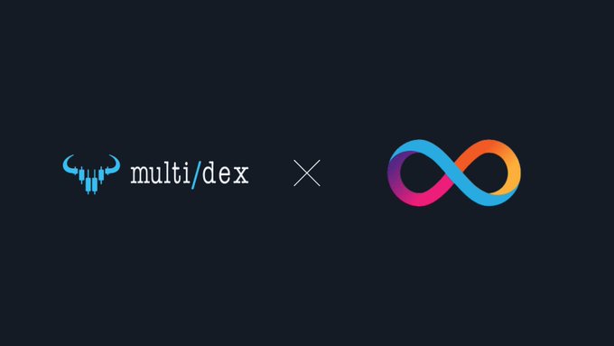 The image displays a partnership graphic featuring the "multi/dex" logo with its blue bull skull icon on the left, a white "X" in the center, and a colorful infinity symbol (in blue, pink, orange, and purple) on the right, all set against a dark navy background—visually representing the collaboration announced in the post about MULTI/DEX launching on Play Mode for community testing and trading.
