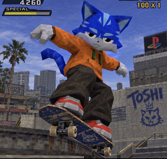 A video game screenshot showing a low-polygon blue cat-like character in an orange hoodie and cargo pants skateboarding on a rail in an urban environment; the HUD displays '4260' and 'SPECIAL' on the left, '100 x 1' on the right, graffiti reading 'TOSHI' on a wall, and a PlayStation logo billboard.