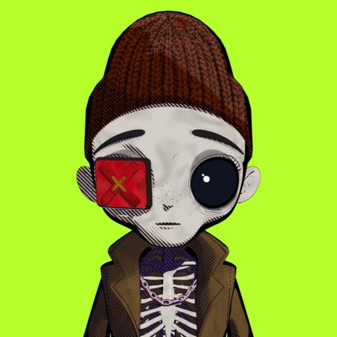 A pale, cartoon-style character with one black button eye, one red X-eyed patch, a brown beanie, and a skeleton shirt stands against a bright green background, matching the edgy art style of the HOODBABES x MAXI CLUB NFT giveaway.