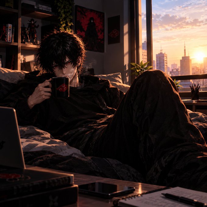 An anime-style illustration depicts a dark-haired man relaxing in bed, drinking from a mug with a red cloud symbol, with a sunset city skyline visible through the window behind him.