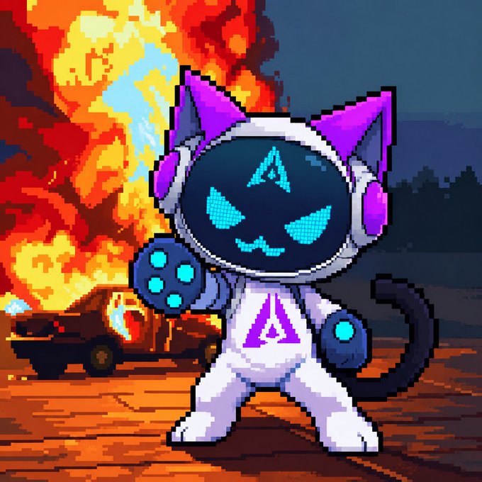 A pixel art illustration depicts an anthropomorphic cat character wearing a white hoodie with a glowing blue triangle symbol and headphones, standing in front of a fiery explosion and a burning car.