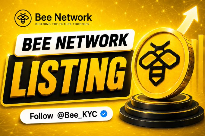 The image is a promotional graphic for "Bee Network," featuring bold yellow and black branding with a large bee logo coin on a pedestal and an upward arrow indicating growth. Text reads "BEE NETWORK" with the tagline "BUILDING THE FUTURE TOGETHER," alongside a "Follow @Bee_KYC" handle, visually representing the $BEE token's listing announcement and its progression toward becoming a major Web3 project with P2P, migration, and its own blockchain plans.