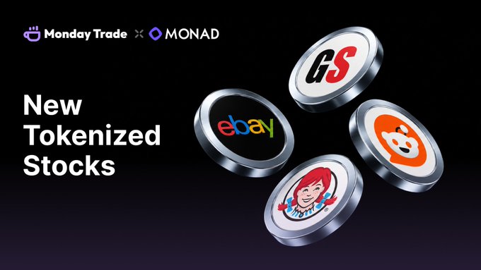 An advertisement for Monday Trade featuring tokenized stocks with the text 'New Tokenized Stocks' and logos for GME, eBay, Wendy's, and what appears to be a Wendy's mascot coin.